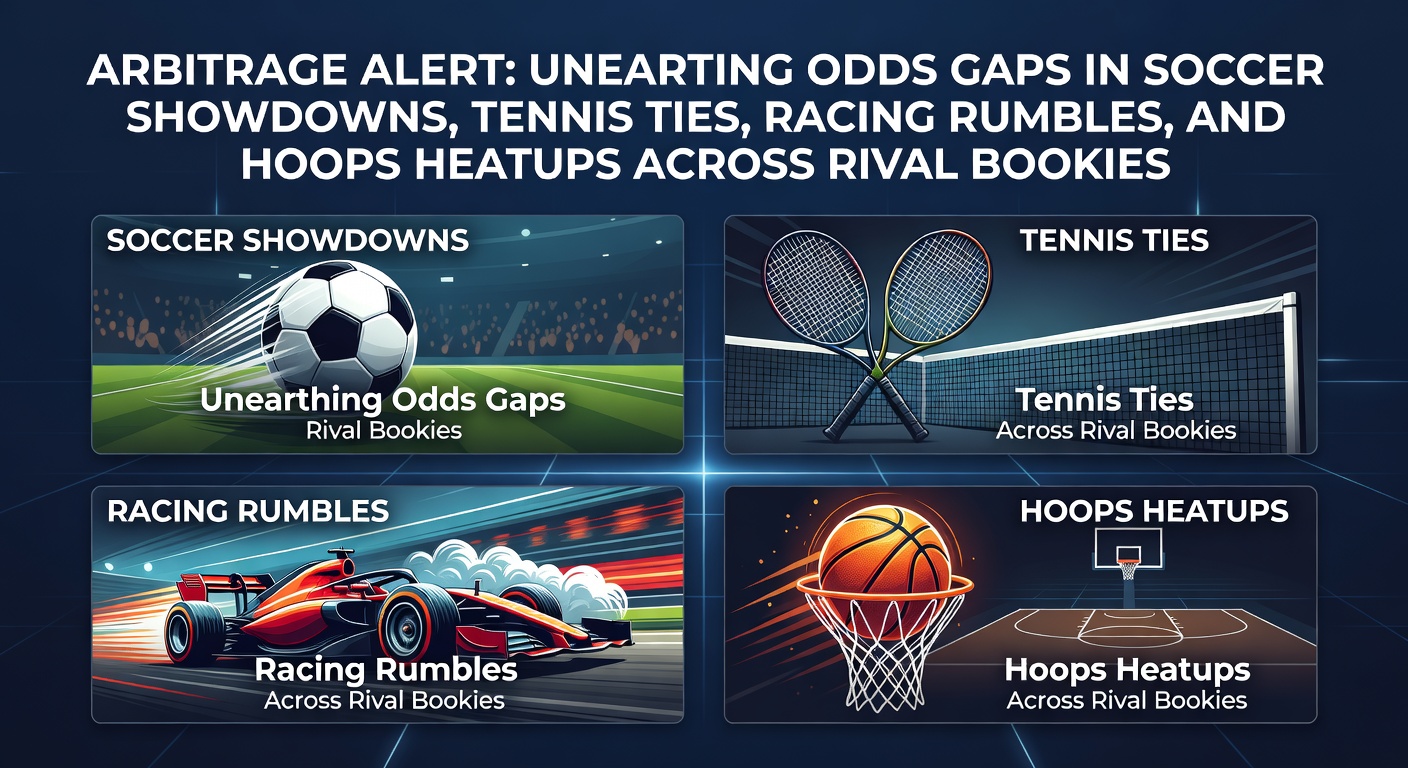 Colorful chart displaying odds discrepancies between bookmakers for a soccer match, highlighting potential arbitrage spots with arrows pointing to profit margins