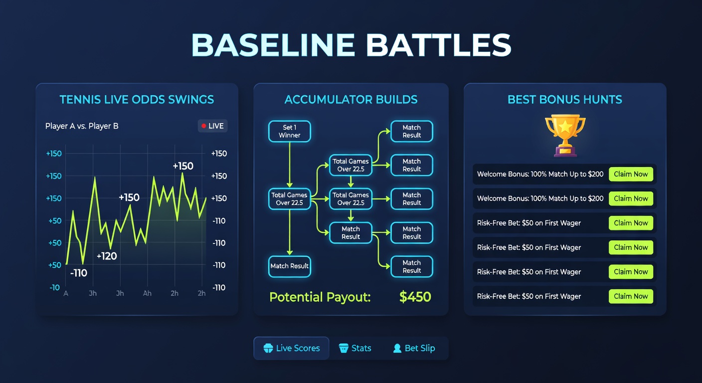 Close-up of a tennis accumulator bet slip on a betting app, showing multiple live tennis selections with fluctuating odds during a tournament