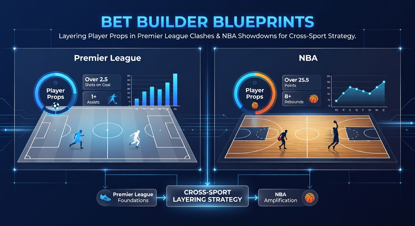 Close-up of NBA player sinking a three-pointer while a Premier League striker celebrates a goal, illustrating layered prop bets with bookmaker odds overlays