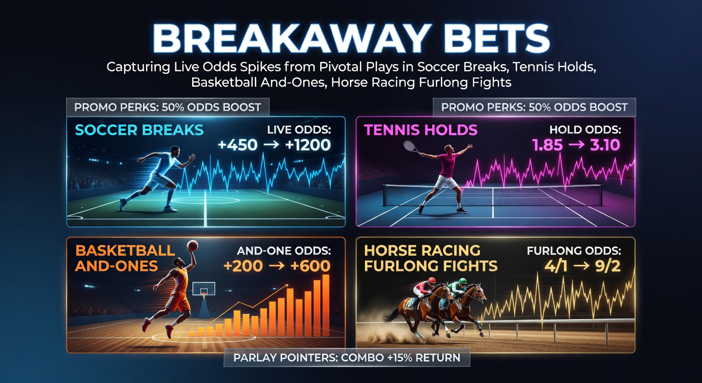 Dynamic live betting action showing soccer counter-attack, tennis serve hold, basketball and-one play, and horse racing final furlong battle