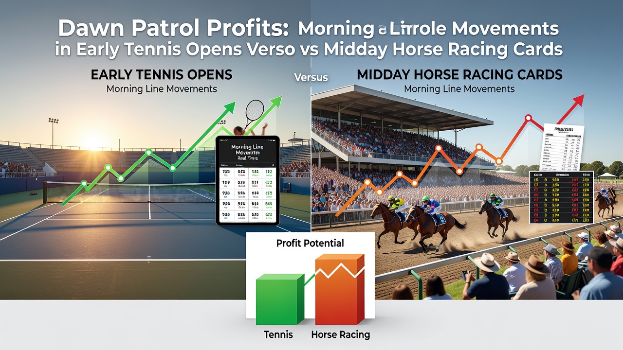 Midday horse racing track with overlaid betting odds and evening basketball arena lights