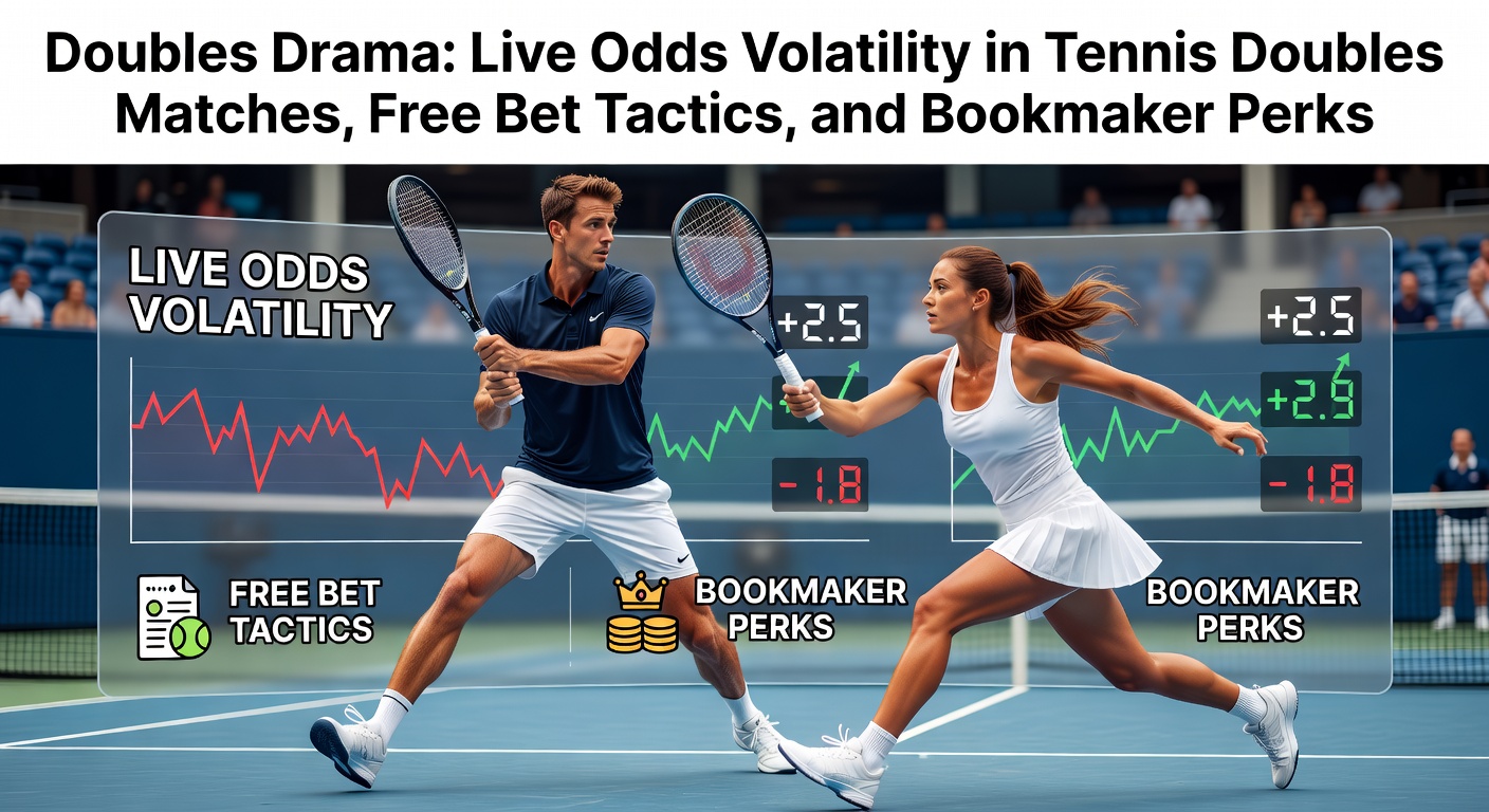 Dynamic tennis doubles rally on clay court with players lunging for the ball, overlay showing fluctuating live odds on screen