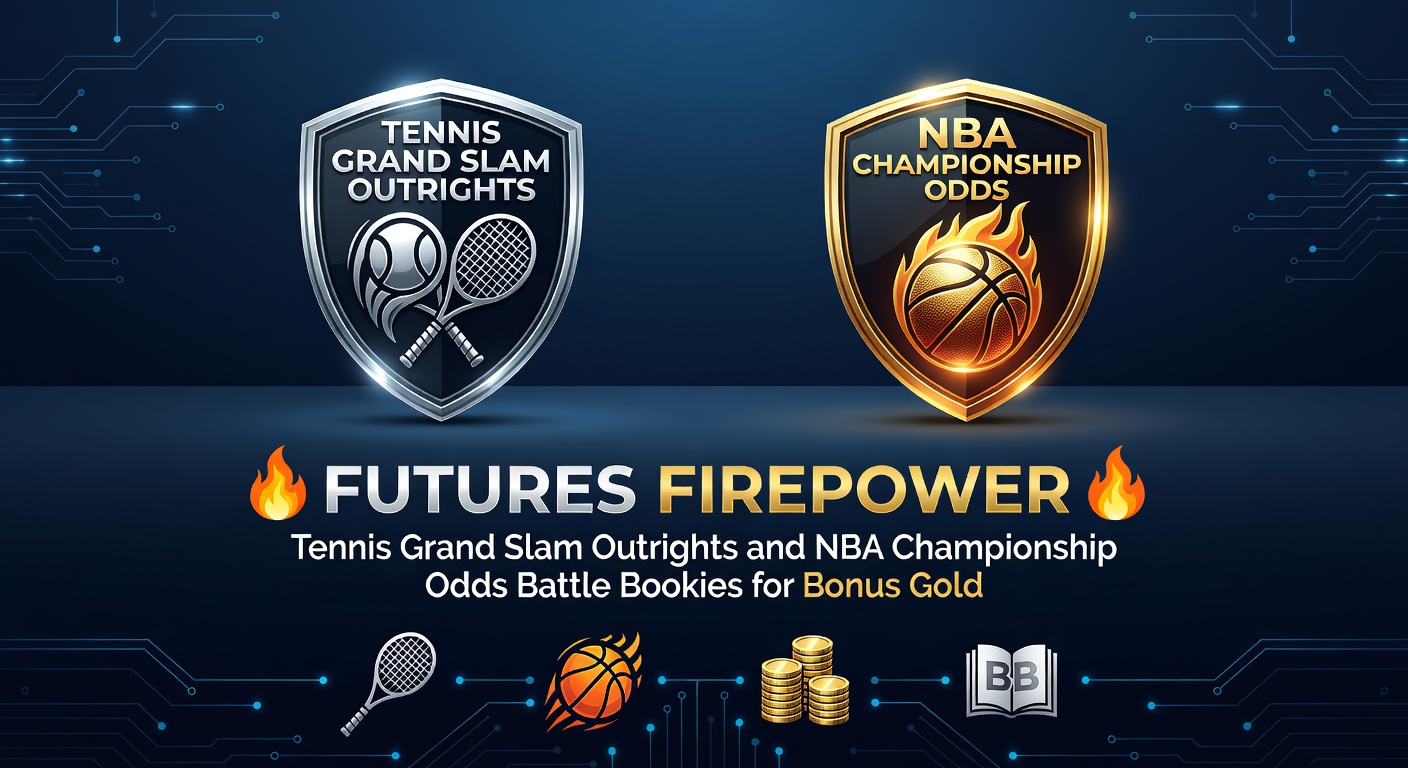 Dynamic overlay of tennis court action blended with NBA court highlights and fluctuating futures odds displays, capturing the high-stakes world of outright markets