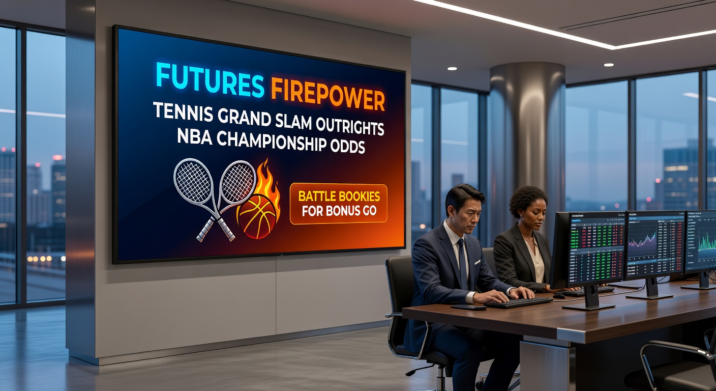 Close-up of NBA championship trophy juxtaposed against a tennis Grand Slam winner's hardware, with bookmaker bonus icons and odds charts highlighting futures betting showdowns