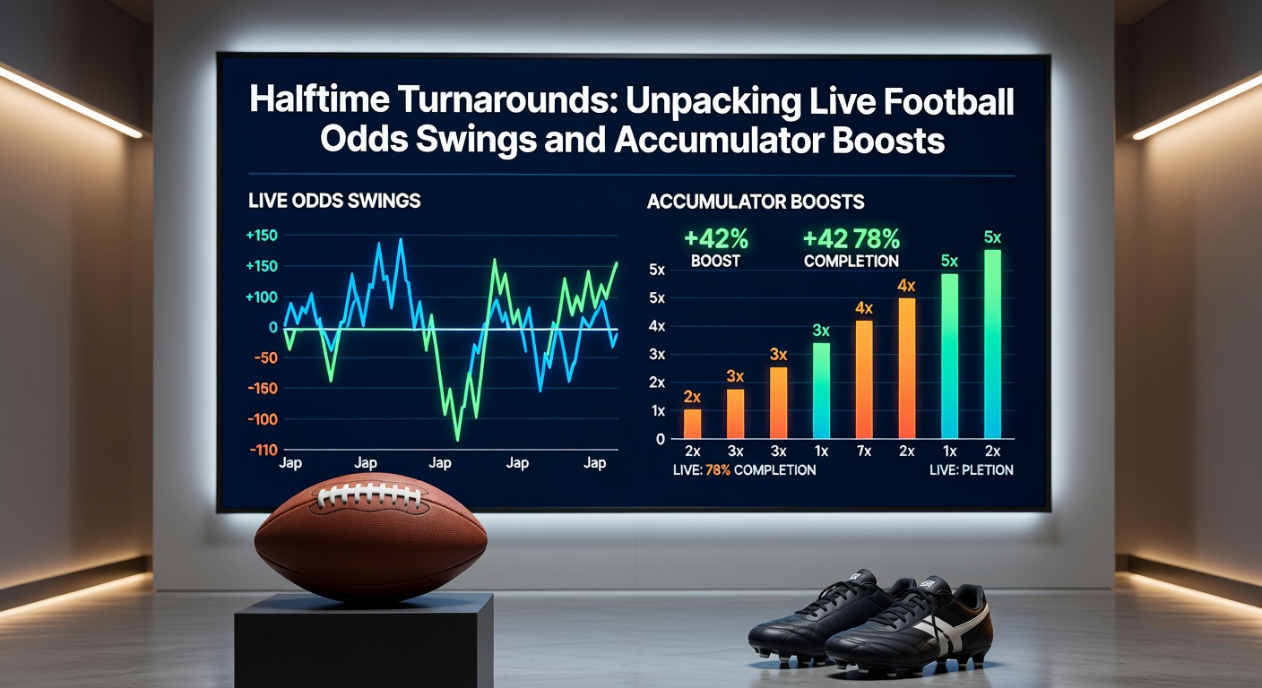 A dynamic football match scene showing a halftime huddle with odds overlays indicating shifting live bets