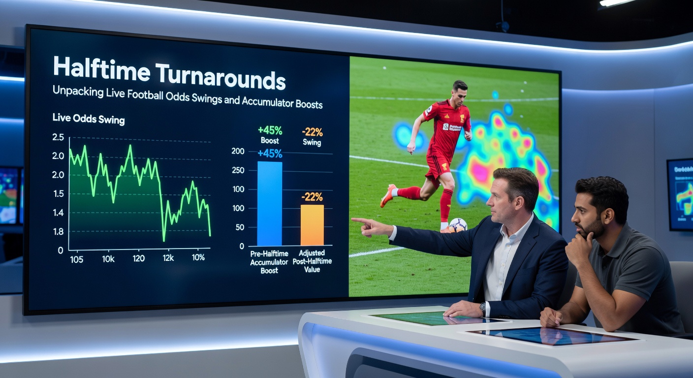 Graph overlay on a football pitch illustrating live odds fluctuations during halftime with accumulator payout examples