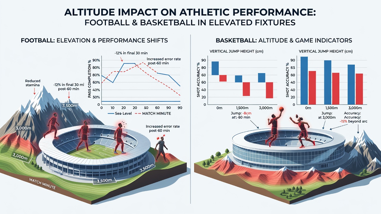 Split screen comparison of football and basketball performance graphs at altitude with bookmaker line adjustments highlighted