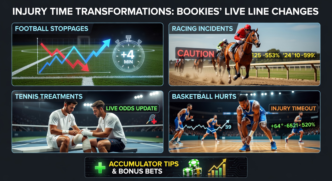 A football player receiving treatment on the pitch during added injury time, with overlaid live betting odds shifting dramatically on bookmakers' screens