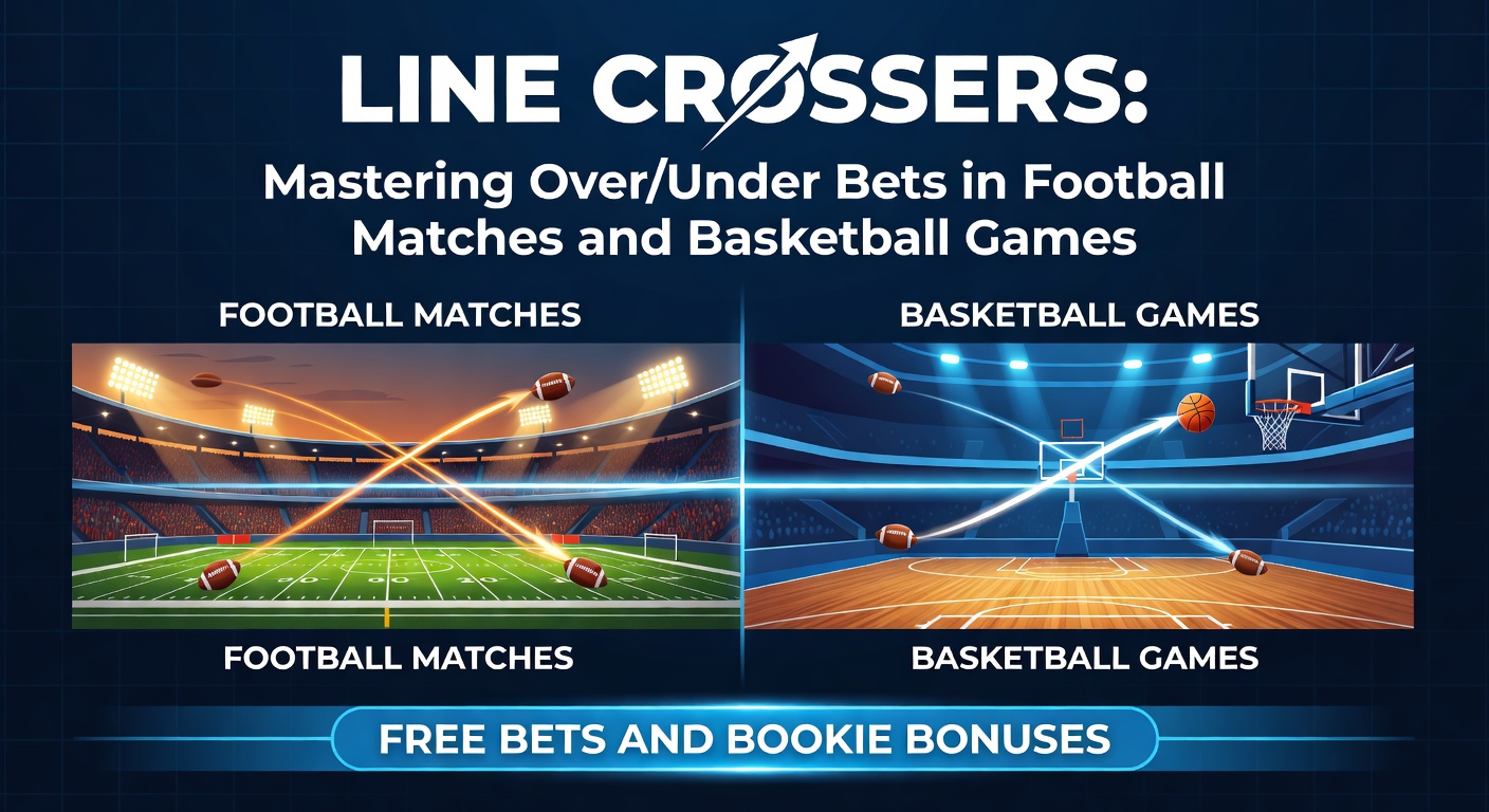 Dynamic graphic showing over/under betting lines crossing in a football match and basketball game, with goal tallies and point totals highlighted against bookmaker odds