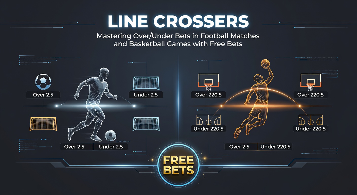 Chart illustrating over/under bet outcomes in recent football and basketball seasons, with lines crossing highlighted alongside free bet icons and bonus offers