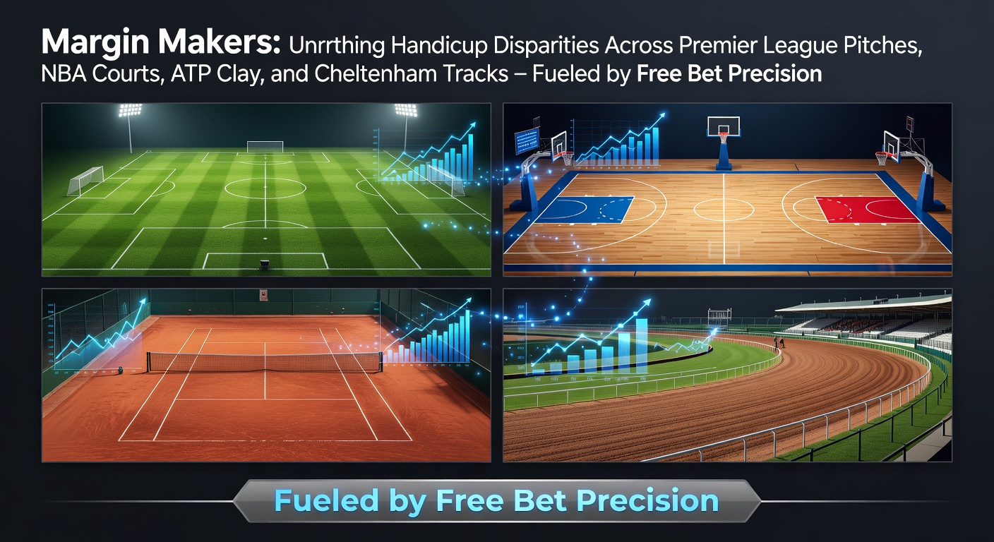Diverse sports scenes showing Premier League action, NBA intensity, ATP clay rallies, and Cheltenham jumps, highlighting handicap line variations across bookmakers