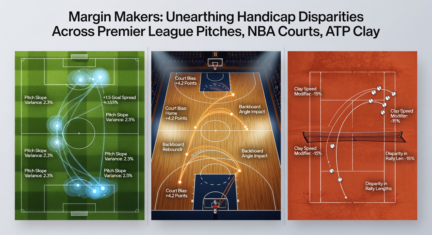 Close-up analysis of handicap betting slips from Premier League, NBA, tennis, and horse racing, overlaid with bookmaker logos showing line differences and free bet icons