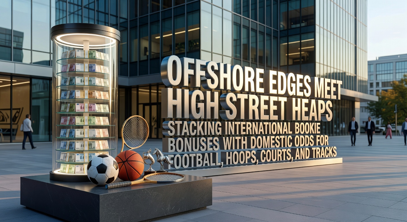 Visual comparison of offshore betting platforms displaying sharp odds alongside high street bookmaker storefronts stacked with promotional bonus offers for sports like football, basketball, tennis, and horse racing