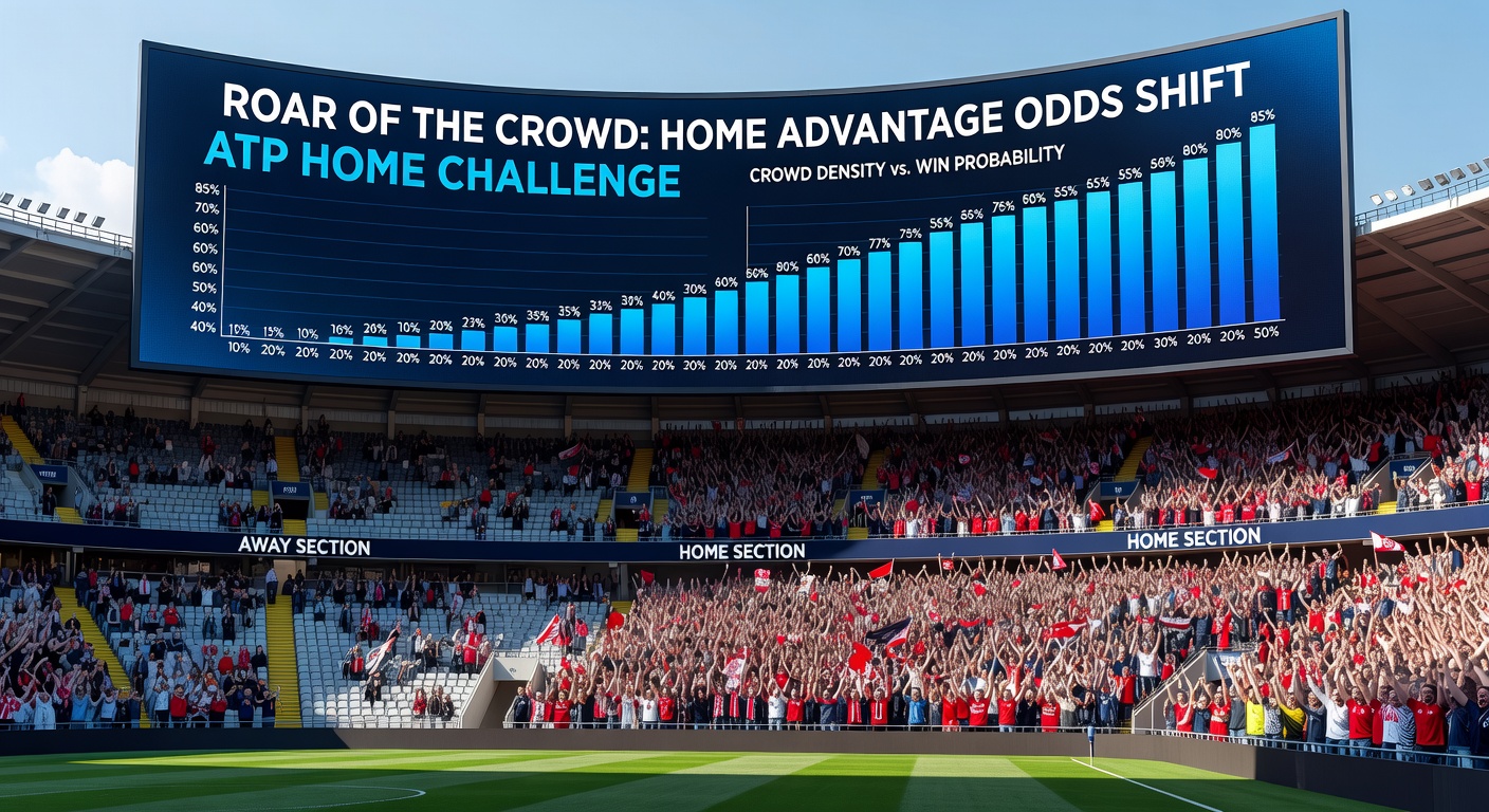 Tennis player serving to a cheering home crowd in a packed ATP arena, tension visible on court