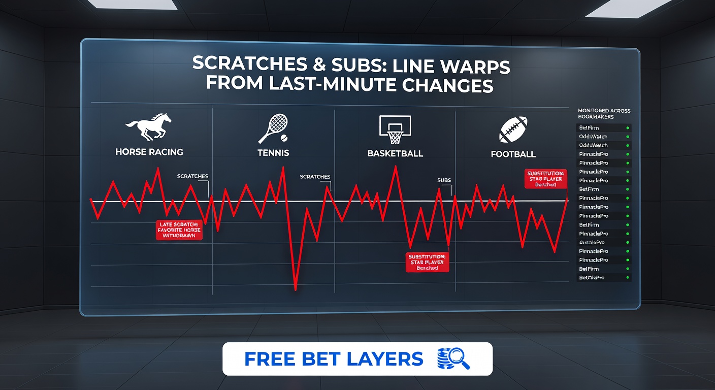 Horse racing starting gate with a horse being scratched moments before the race, showing bookmaker odds screens in the background