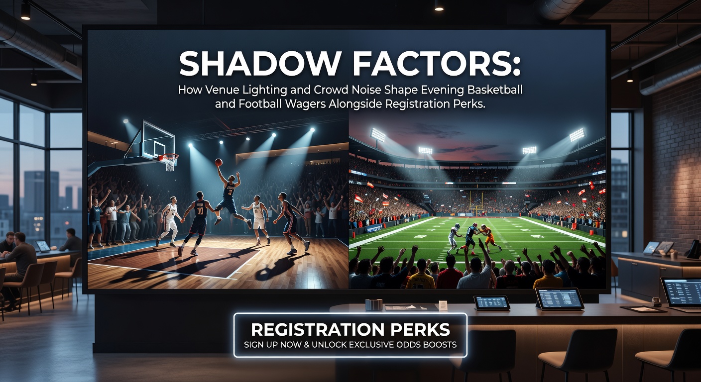 Evening basketball arena with dramatic lighting and packed stands influencing game atmosphere