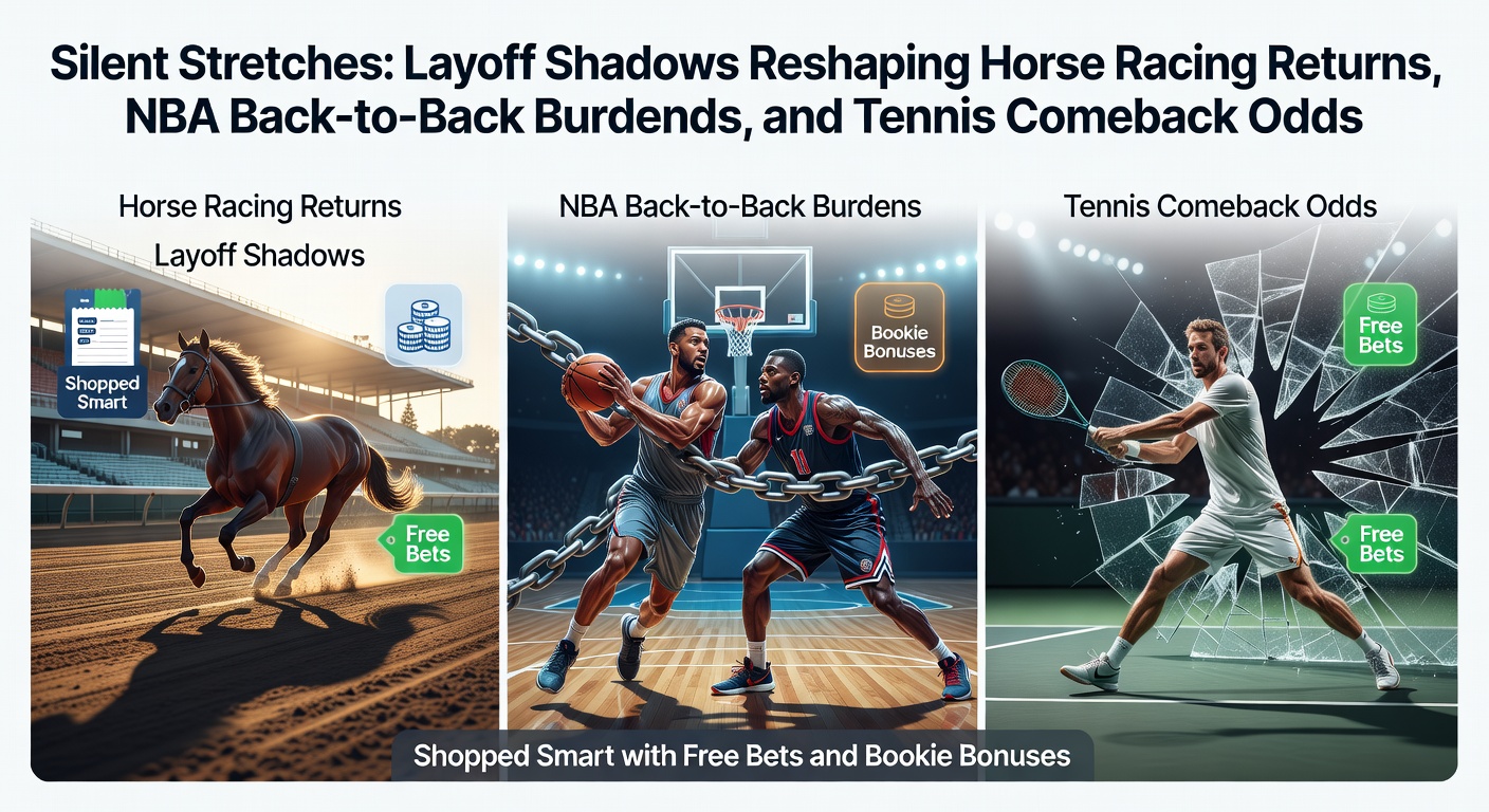 Horse racing scene with a horse returning from layoff, overlaid with NBA players in back-to-back fatigue and a tennis player serving post-comeback