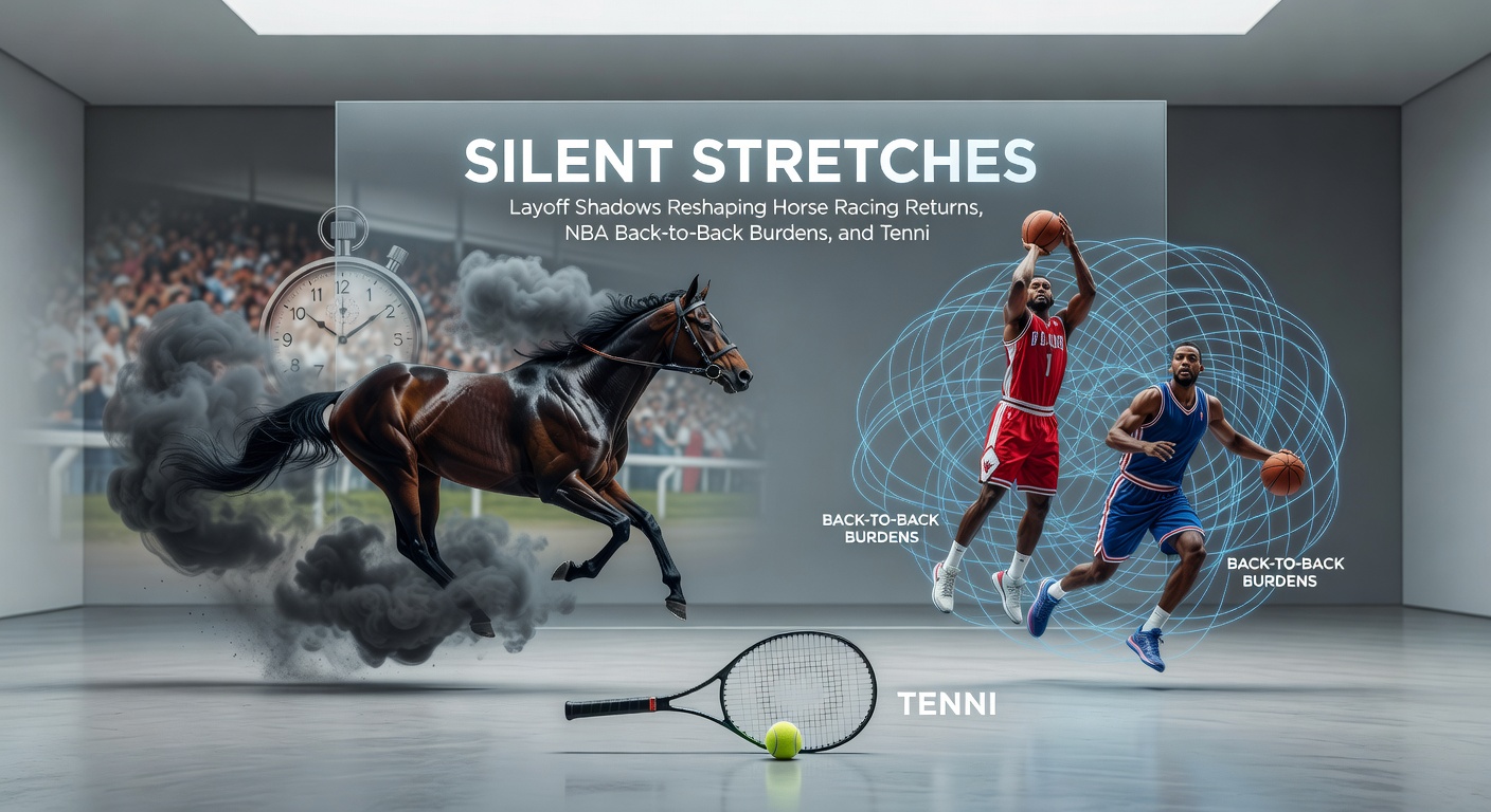 Tennis player mid-comeback rally, with NBA back-to-back scoreboard and horse racing odds board in background