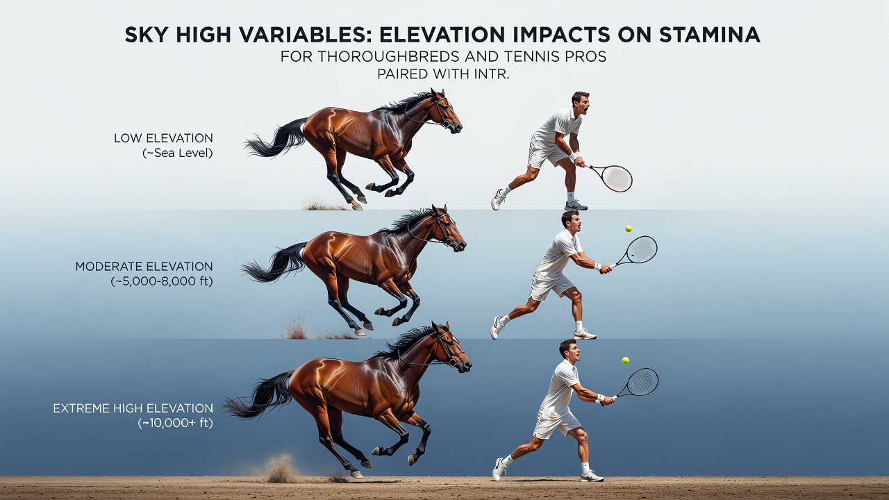 Split image showing a racehorse recovering after a high-altitude contest alongside a tennis player monitoring heart rate on an elevated court