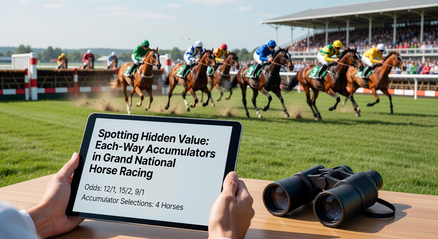 Aintree Racecourse during the Grand National with horses jumping a fence in a packed field under dramatic skies