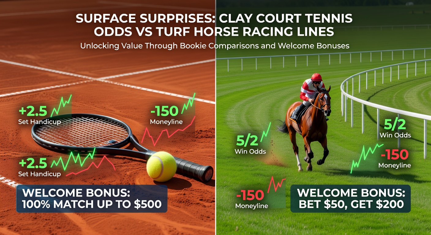 Clay court tennis player sliding on red dirt surface during a rally, contrasted with a horse racing on lush green turf track under sunny skies