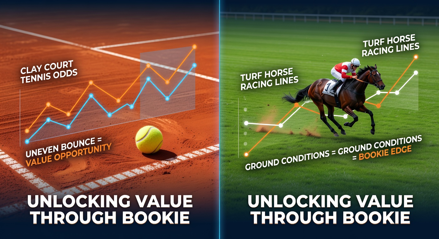 Side-by-side comparison charts showing betting odds lines for a clay tennis match and a turf horse race, highlighting discrepancies between bookmakers