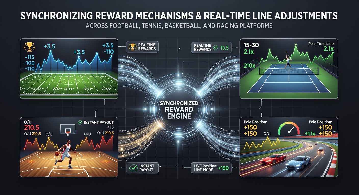 Betting platform interface displaying synchronized rewards and live line adjustments for multiple sports including football, tennis, basketball and racing