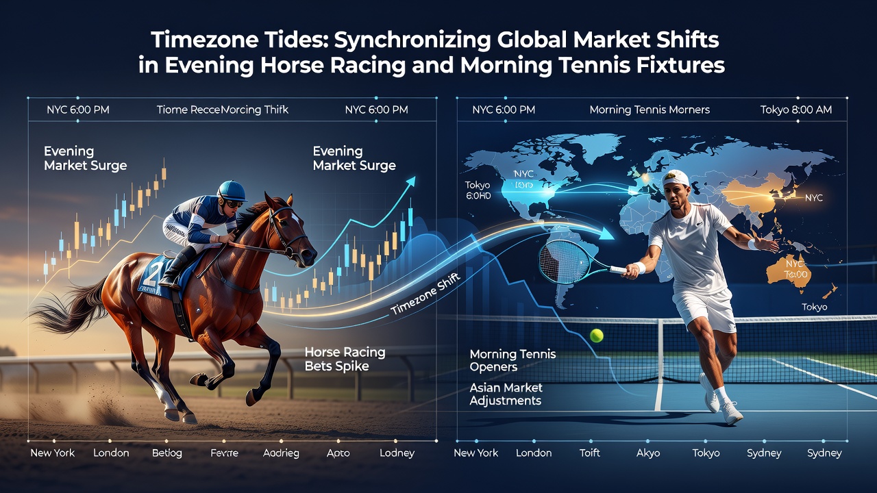 Split screen showing evening horse racing under floodlights and morning tennis courts at sunrise with overlaid odds displays