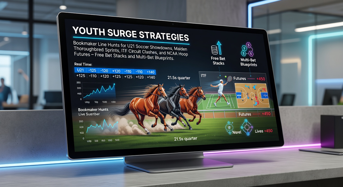 Dynamic scene of young soccer players clashing in a U21 match alongside a speedy thoroughbred sprint and tennis rally on ITF courts